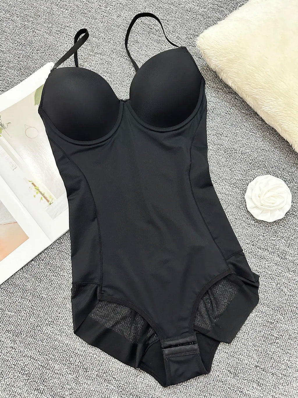 Women's Solid Color Contrast Mesh Sheer Cami Shapewear Bodysuit, Adjustable Strap Tummy Control Shapewear for All Seasons