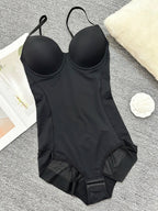 Women's Solid Color Contrast Mesh Sheer Cami Shapewear Bodysuit, Adjustable Strap Tummy Control Shapewear for All Seasons