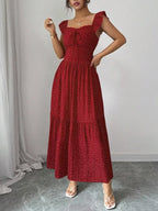 1 Piece Spring & Summer Ruffled Square Neck Polka Dot Maxi Dress