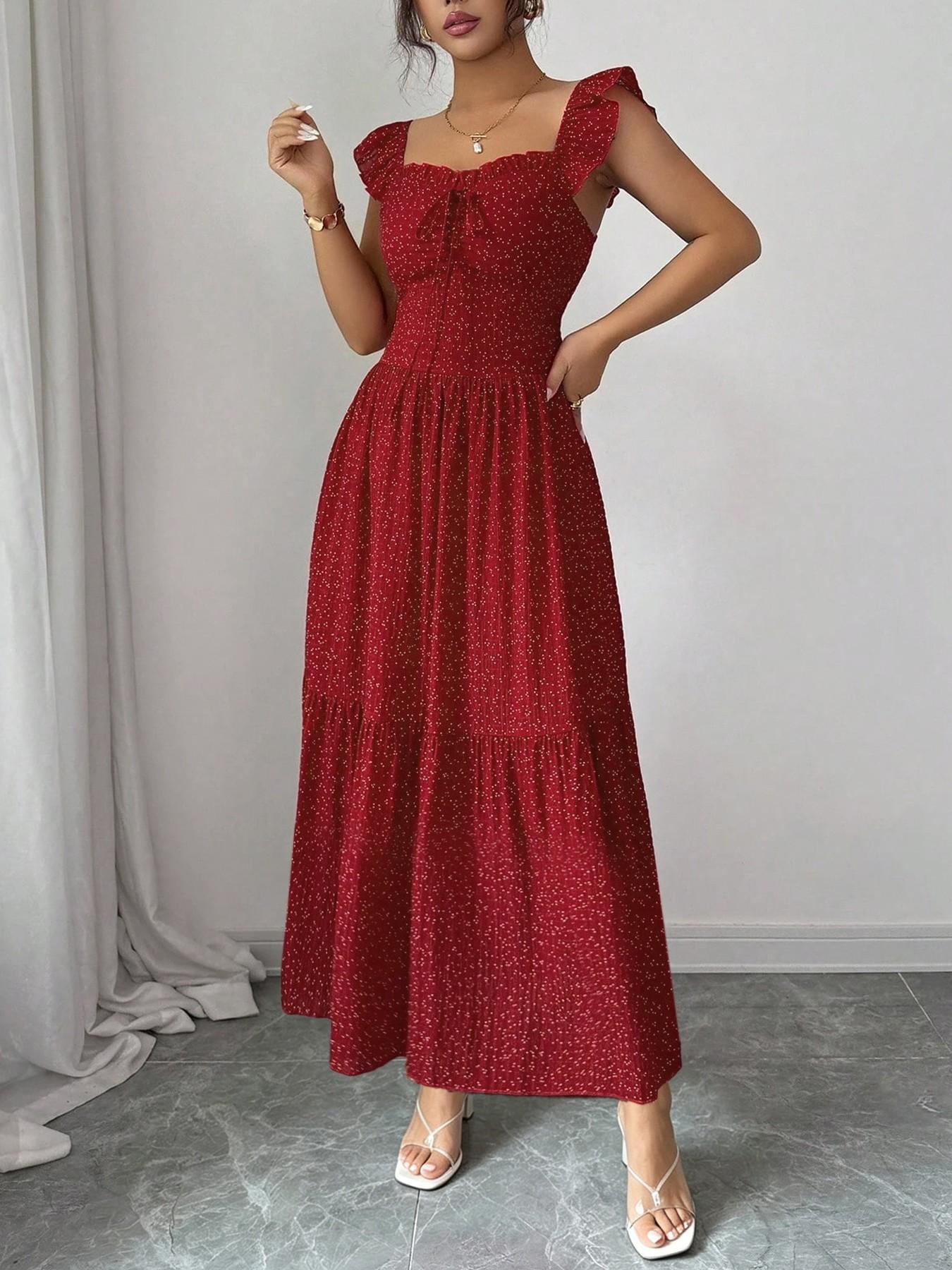 1 Piece Spring & Summer Ruffled Square Neck Polka Dot Maxi Dress