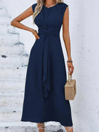 Women's Sleeveless Round Neck Plain Dress, Slimming Front Design, Waist Cinched A-Line, Perfect for Casual Commuting