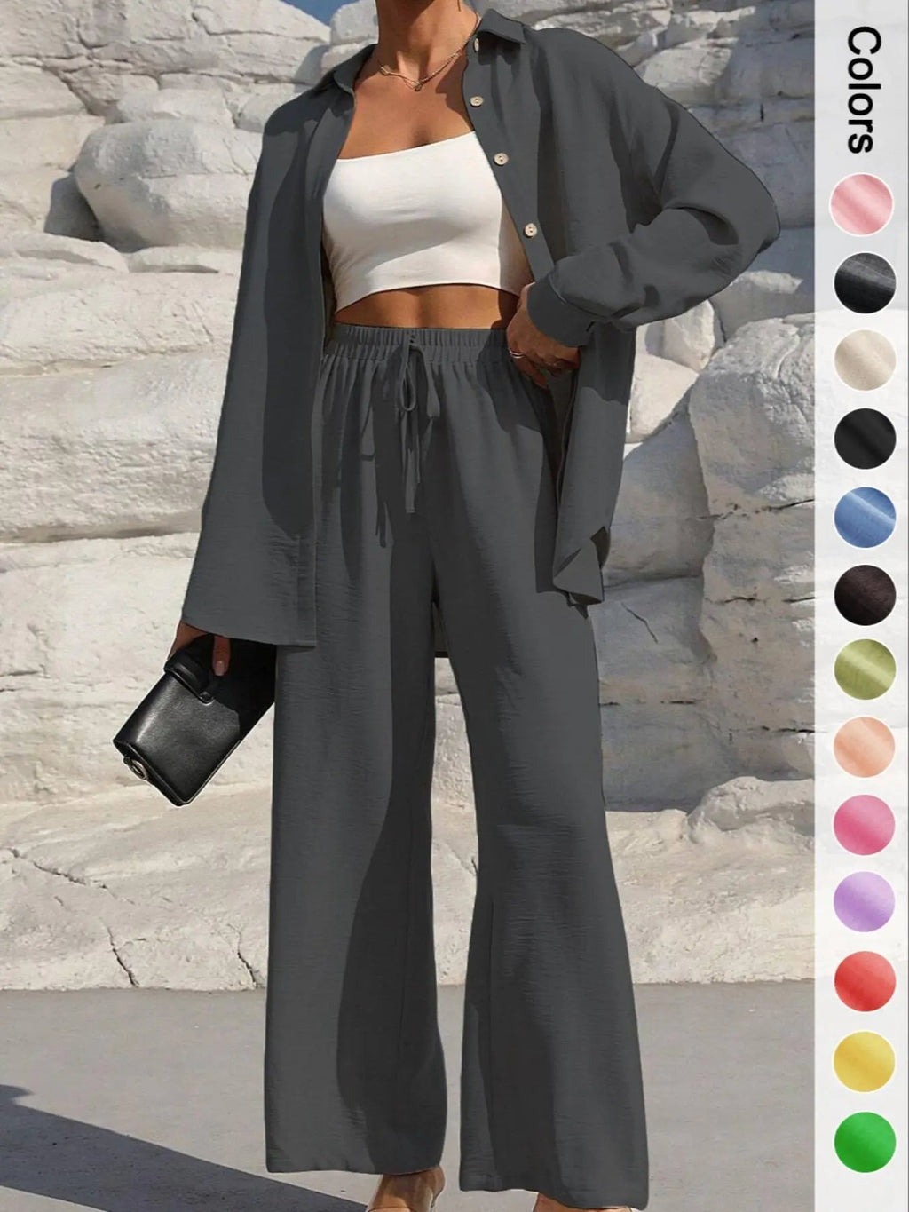 Women's Solid Button Front Shirt & Tie Front Wide Leg Pants Two-piece Set, Casual Drop Shoulder Long Sleeve Top & Trousers 2 Piece Set for Spring & Fall, Women's Clothes for Daily Wear, Casual Outfits Women