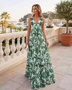 V Neck Green Printed Knotted at Waist Tummy Control One piece Swimsuit and Skirts or Pants