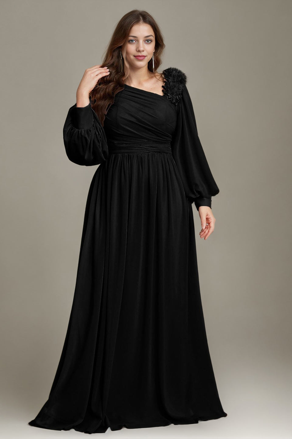 Curveins Plus Size One Shoulder Chiffon 3D Flower Detail Elegant Flowy Maxi Dress