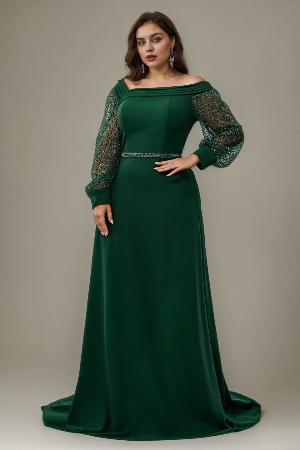 Curveins Plus Size Off Shoulder Long Sleeve Cinched Waist Elegant Maxi Dress