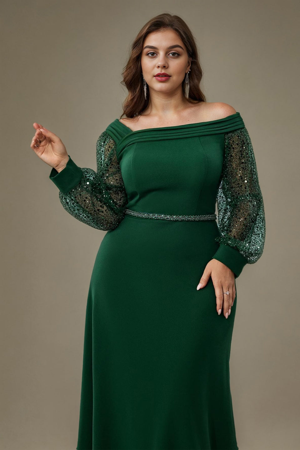 Curveins Plus Size Off Shoulder Long Sleeve Cinched Waist Elegant Maxi Dress