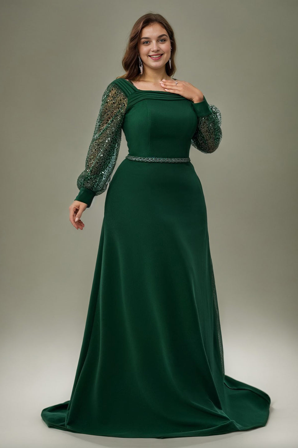 Curveins Plus Size Off Shoulder Long Sleeve Cinched Waist Elegant Maxi Dress