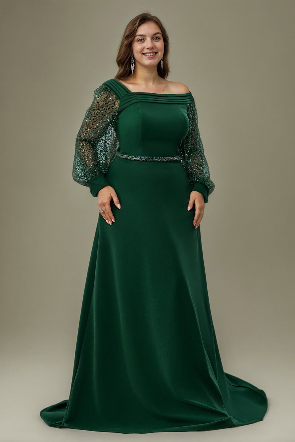 Curveins Plus Size Off Shoulder Long Sleeve Cinched Waist Elegant Maxi Dress