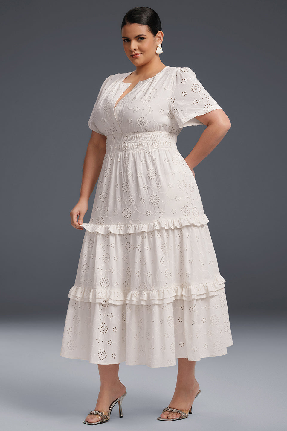 Curveins Plus Size Solid Color Hollow Floral Pattern Ruffle Hem Maxi Dress
