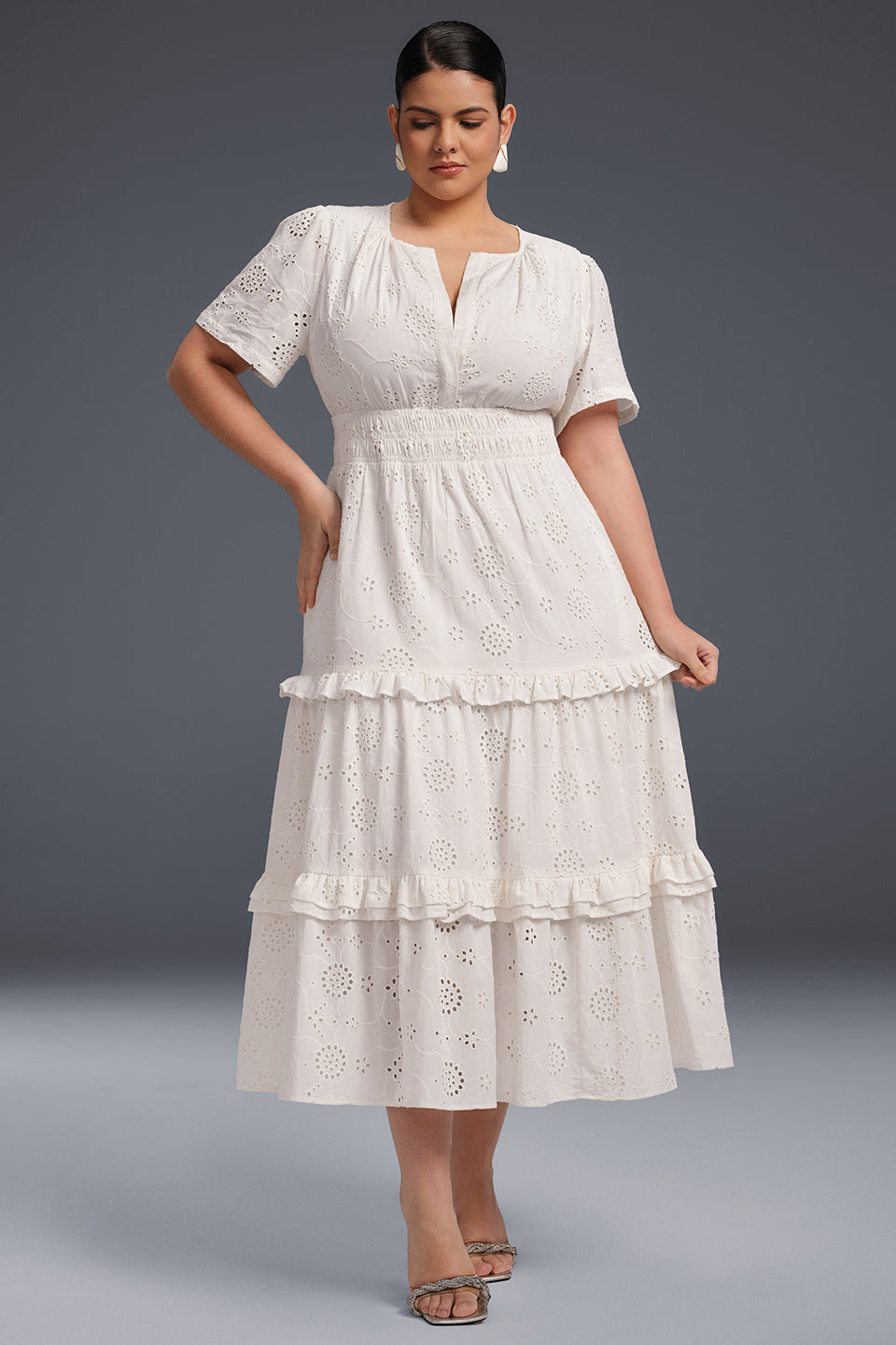 Curveins Plus Size Solid Color Hollow Floral Pattern Ruffle Hem Maxi Dress