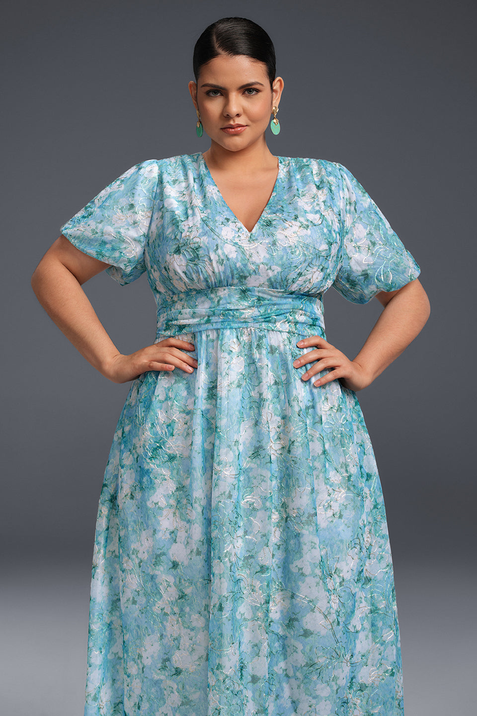 Curveins Plus Size V-Neck Floral Elegant Wedding Guest Maxi Dress