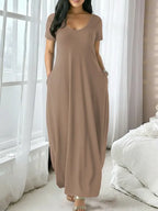 Women's Long Nightgown, Coffee Leopard Print, Casual Round Neck Long Sleeve Pocket Sleepwear, Soft Comfortable All-Season Loungewear