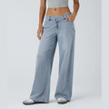 Asymmetric Low Rise Zipper Pockets Baggy Wide Leg Washed Casual Jeans