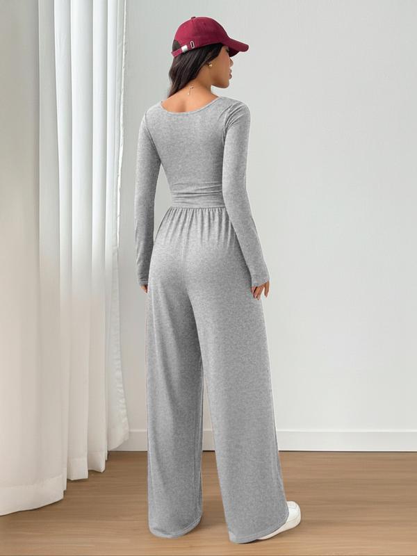 Women's Fall Winter Knit Wide Leg Jumpsuit, Casual Fashion Plain Color Round Neck One-Piece, Versatile Long Sleeve Romper