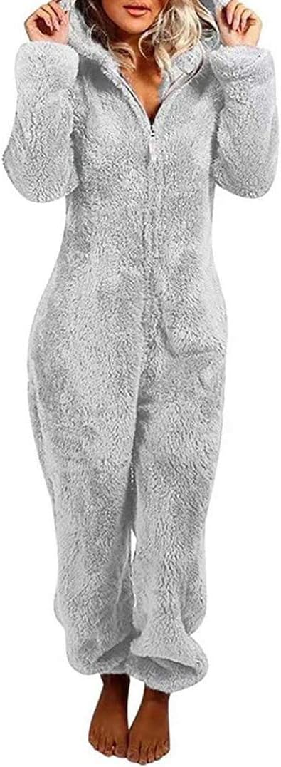 Womens Fleece Onesies Pajamas Jumpsuit Warm Sherpa Romper Sleepwear One Piece Zipper Hooded Playsuit Loungewear