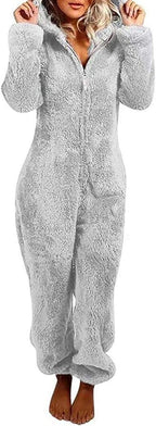 Womens Fleece Onesies Pajamas Jumpsuit Warm Sherpa Romper Sleepwear One Piece Zipper Hooded Playsuit Loungewear
