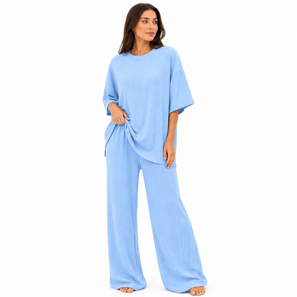 Ensemble Femme Chic Texturé – T-shirt & Pantalon Fluide