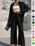 Women's Solid Button Front Shirt & Tie Front Wide Leg Pants Two-piece Set, Casual Drop Shoulder Long Sleeve Top & Trousers 2 Piece Set for Spring & Fall, Women's Clothes for Daily Wear, Casual Outfits Women