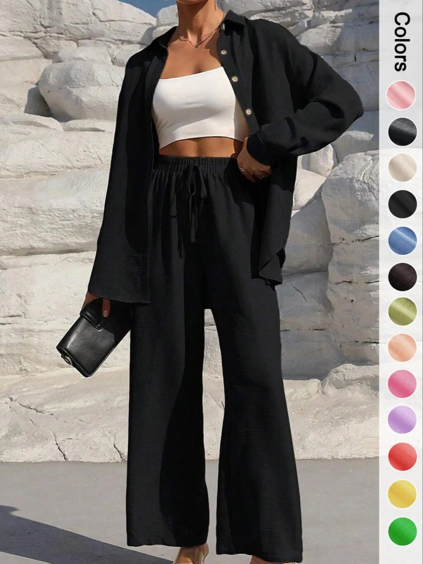 Women's Solid Button Front Shirt & Tie Front Wide Leg Pants Two-piece Set, Casual Drop Shoulder Long Sleeve Top & Trousers 2 Piece Set for Spring & Fall, Women's Clothes for Daily Wear, Casual Outfits Women