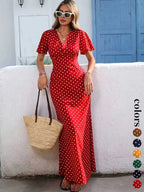 Women's Bohemian V-Neck Short Sleeve Long Dress, Casual Polka Dot Vacation Style, New European and American Fashion