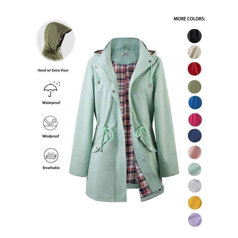 Women's Solid Color Drawstring Zip-Up Hooded Trench Coat Long Sleeve Waterproof Windproof Soft Comfortable Casual Outerwear Suitable For Spring Fall Daily Wear Outings