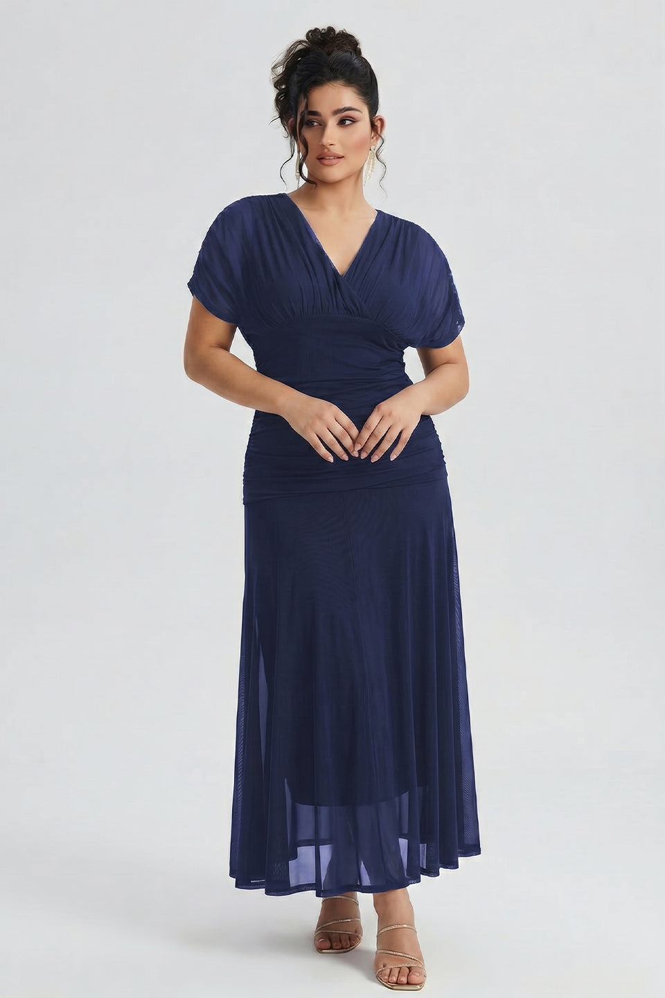 Curveins Plus Size V Neck Batwing Sleeve Cinched Waist Maxi Dress