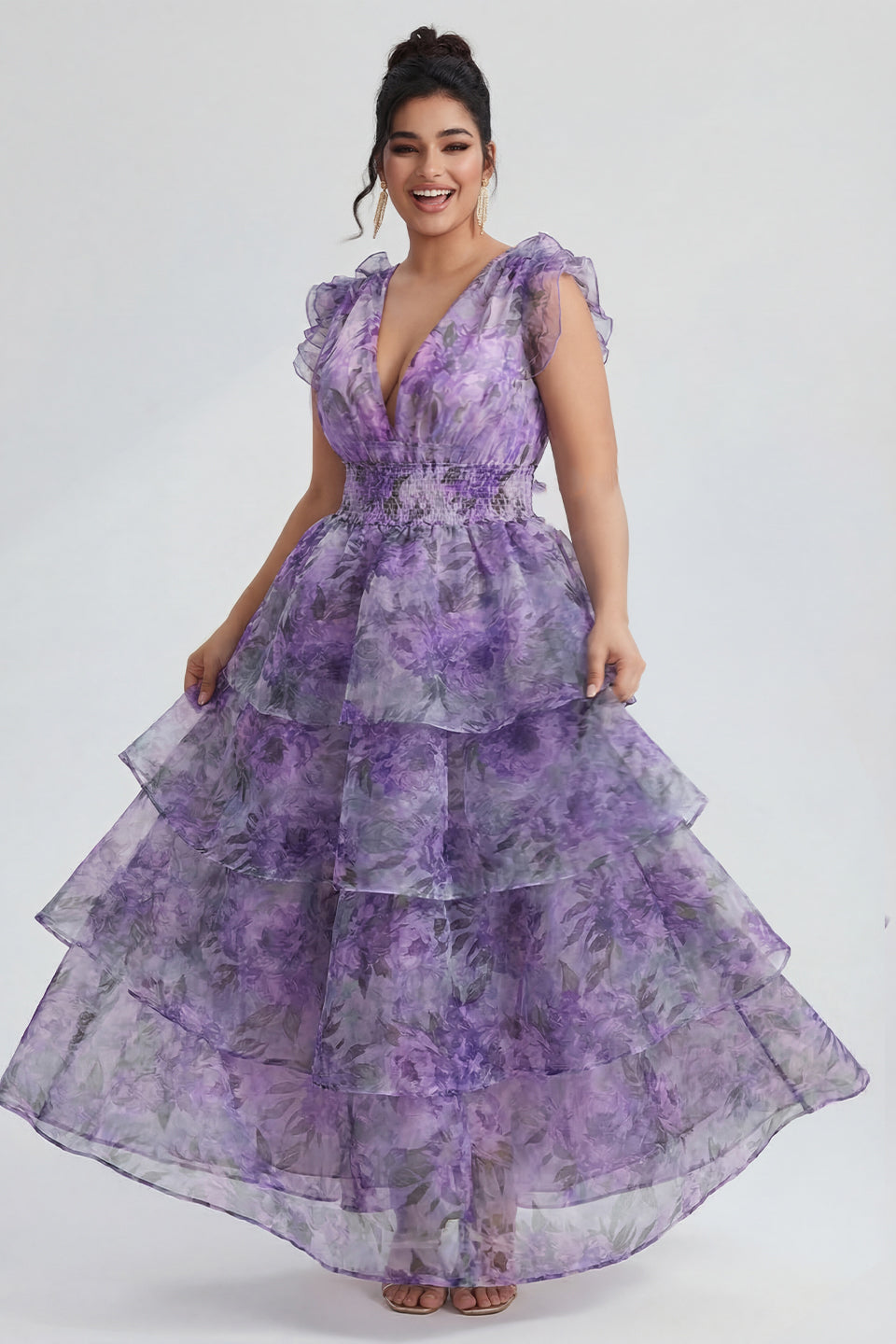 Curveins Plus Size V-Neck Sleeveless Floral Tiered Maxi Dress with Decorative Shoulder Detail