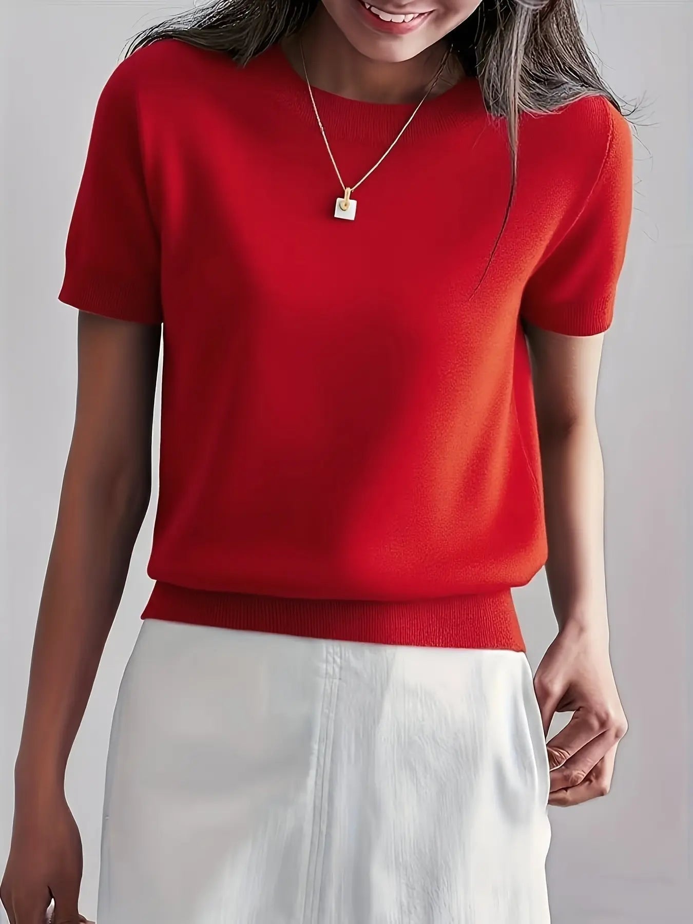 Women's Solid Color Crew Neck Short Sleeve Sweater, Casual Basic Knit Pullover for Spring & Fall, Fashion Women's Knitwear for Daily Wear, Womenswear