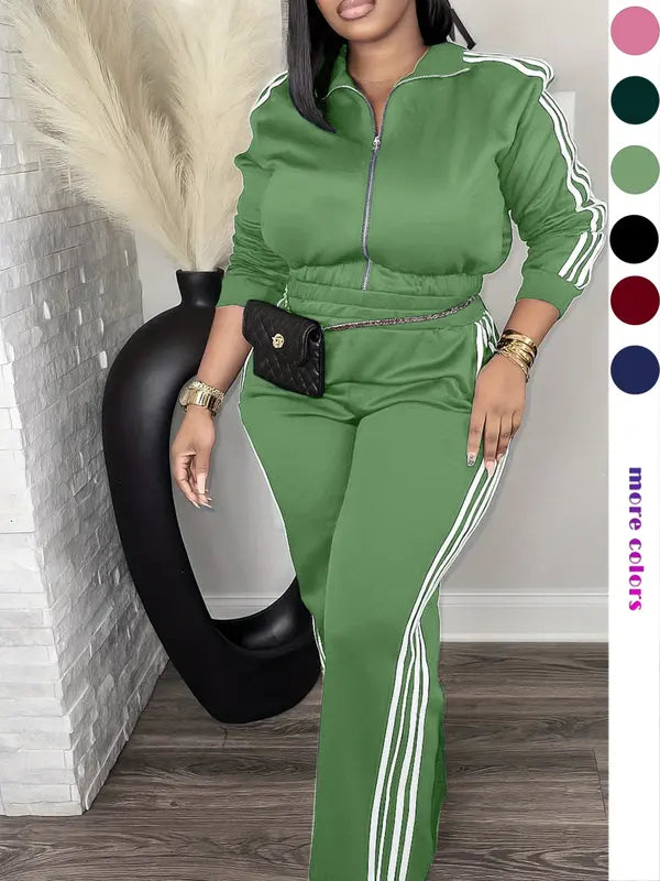 Women's Tracksuit Set, Casual Long Sleeve Zip Up Jacket & Pants Set for Spring & Fall, Women's Clothes for Daily Wear