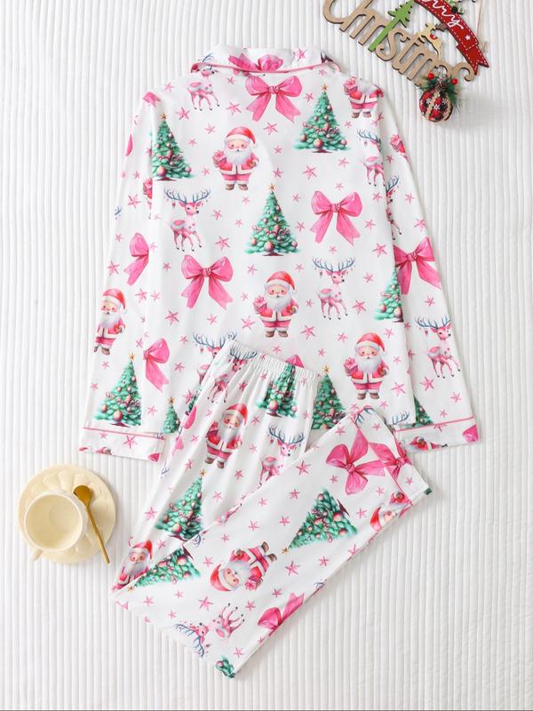 Two-piece Set Women's Christmas Print Button Front Pocket Shirt & Elastic Waist Pants Pyjama, Casual Comfy Long Sleeve Collared Top & Trousers Pyjama Set, Women's Sleepwear for Spring & Fall