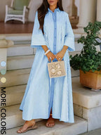 Elegant Women's Loose Collared Button Front Striped Shirt Dress