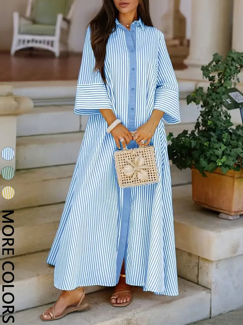 Elegant Women's Loose Collared Button Front Striped Shirt Dress