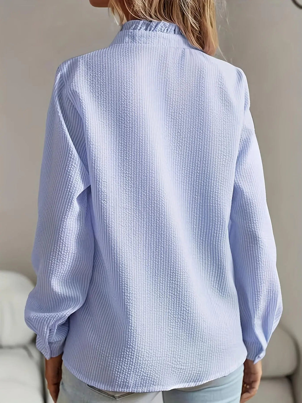 Women's Plain Ruffle Trim Button Front Fitted Woven Fabric Shirts, Blouse, Elegant Chic Casual Bishop Sleeve Long Sleeve Frill Trim Top for Daily Wear, Ladies Clothes for All Seasons, Womenswear