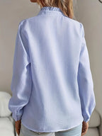Women's Plain Ruffle Trim Button Front Fitted Woven Fabric Shirts, Blouse, Elegant Chic Casual Bishop Sleeve Long Sleeve Frill Trim Top for Daily Wear, Ladies Clothes for All Seasons, Womenswear