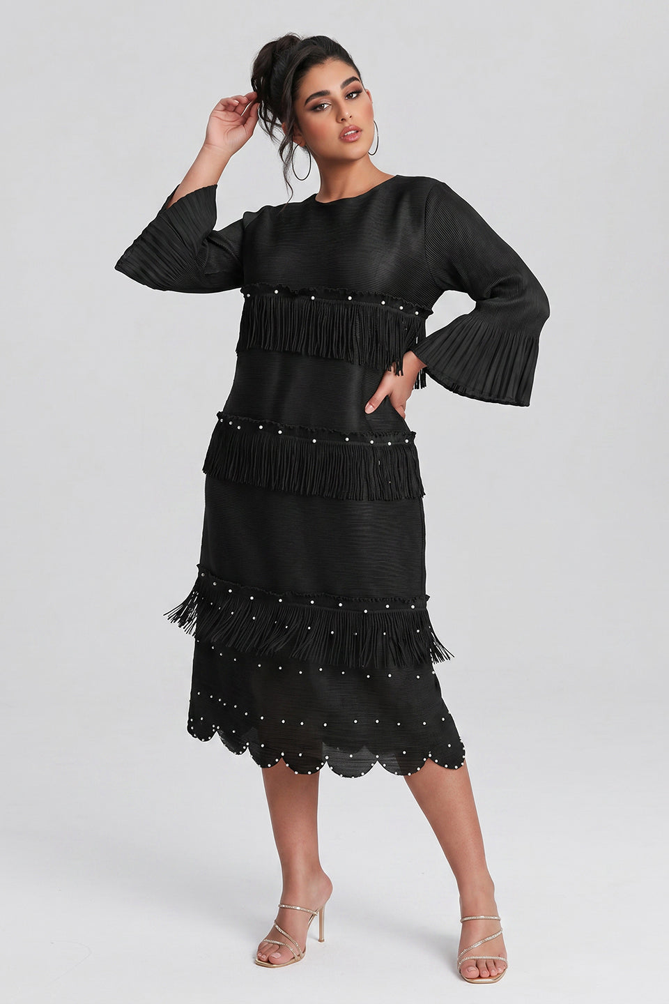 Curveins Plus Size Round Neck Fringe Detail Elegant Loose Pleated Midi Dress