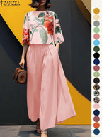 Women's Top & Wide Leg Pants Two-piece Set, Casual Fashion Minimalist Cozy Three Quarter Length Sleeve Top & Trousers for Daily Outdoor Wear, Ladies Clothes for All Seasons, Womenswear