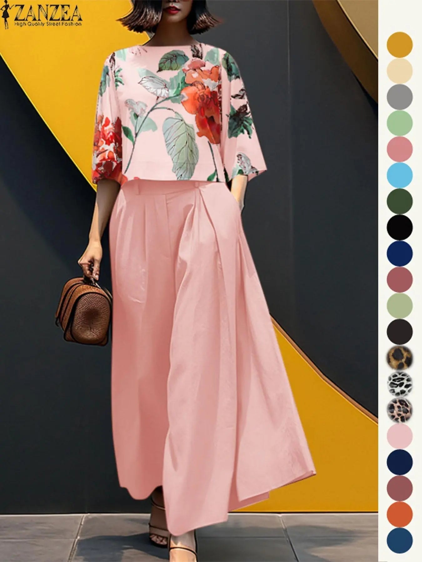 Women's Top & Wide Leg Pants Two-piece Set, Casual Fashion Minimalist Cozy Three Quarter Length Sleeve Top & Trousers for Daily Outdoor Wear, Ladies Clothes for All Seasons, Womenswear