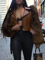 Women's Patchwork Fur Jacket, Crocodile Texture Sleeves, Zipper Design, Casual Biker Style, All Seasons Wear, Stylish & Luxurious Look