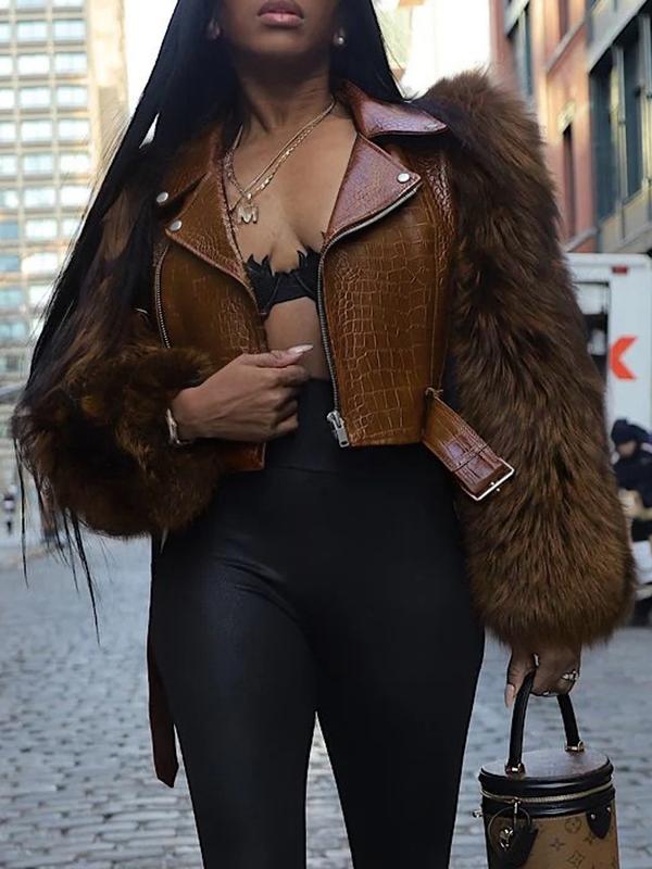 Women's Patchwork Fur Jacket, Crocodile Texture Sleeves, Zipper Design, Casual Biker Style, All Seasons Wear, Stylish & Luxurious Look