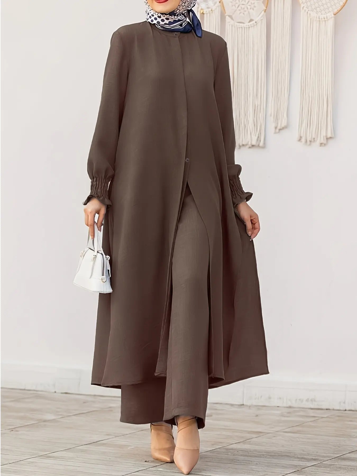 Arabian Style Modesty Two-Piece Set for Muslim Women Long Sleeve Shirt & Pants, Plus Size, Perfect for Spring & Fall Seasons