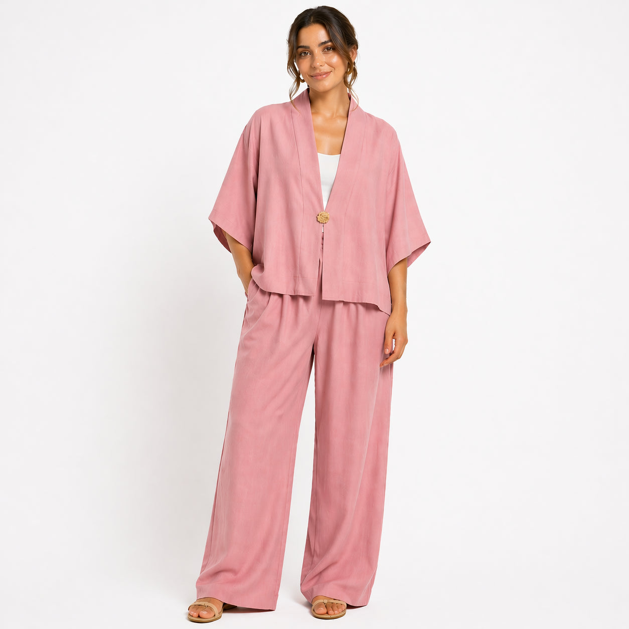 Ensemble femme oversize fluide 2 pièces – Kimono manches larges & pantalon taille élastique – Look chic confortableE
