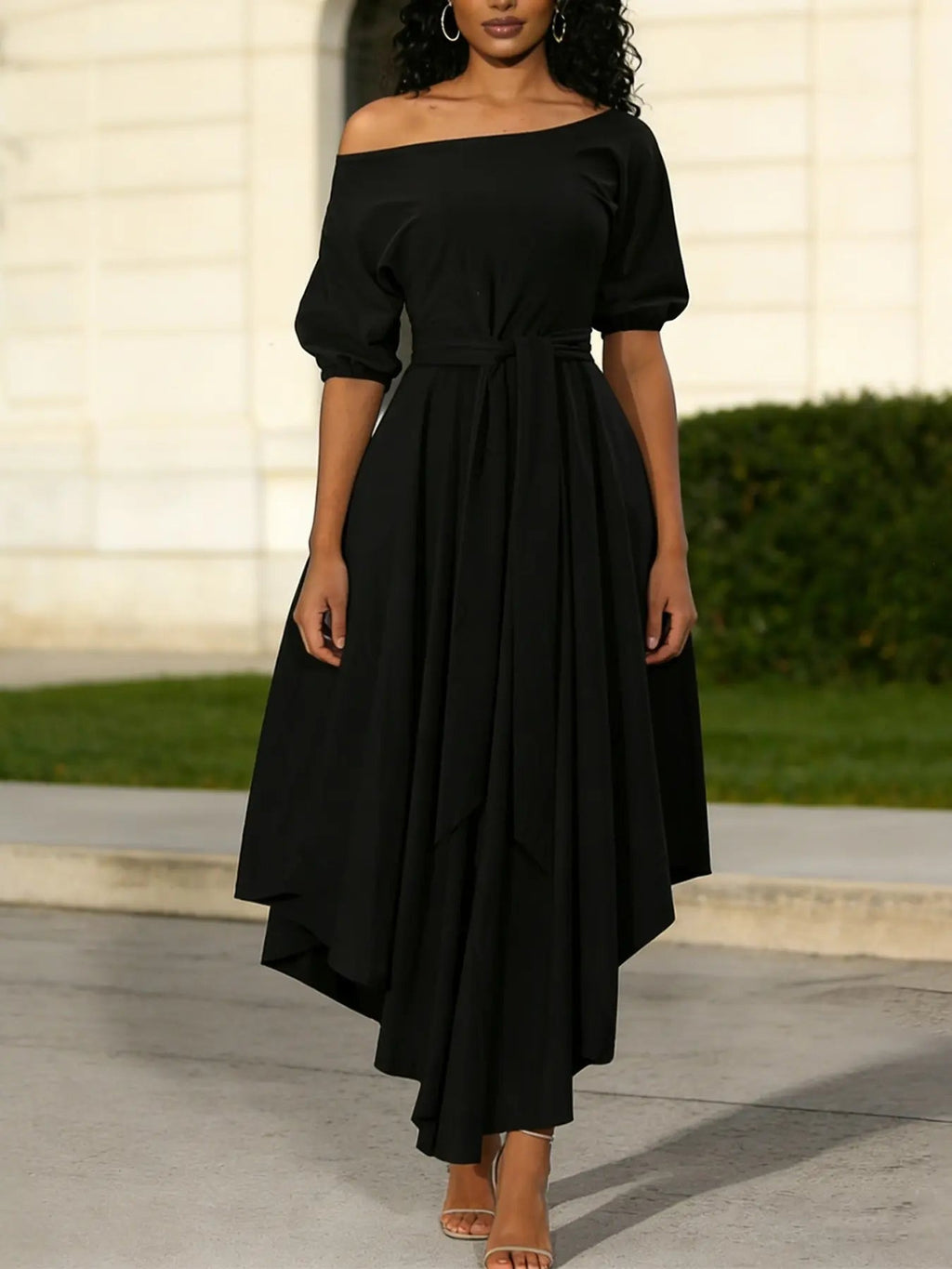 Women's Plain Belted Split Boat Neck Dress