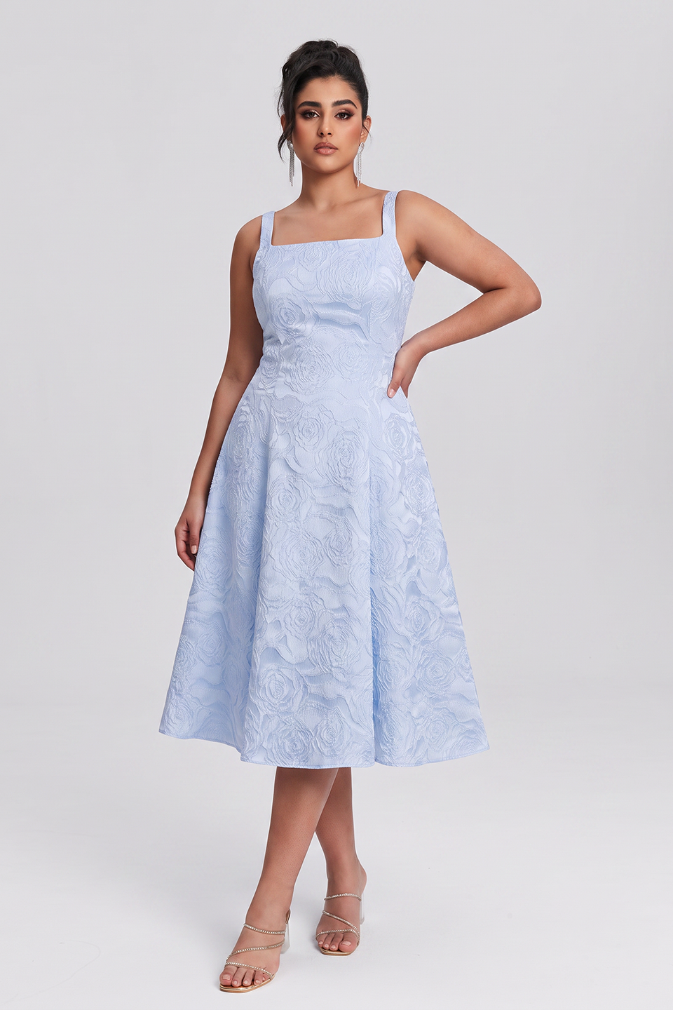 Curveins Plus Size Square Neck Sleeveless Spaghetti Strap Slim Fit Elegant Midi Dress