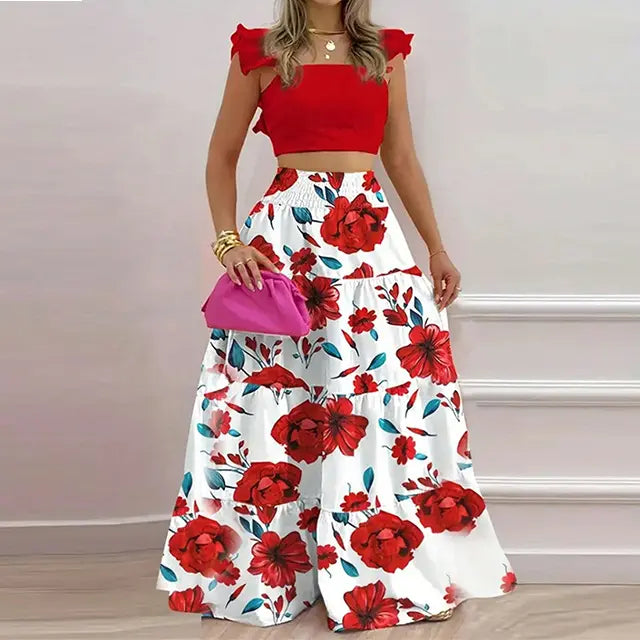 Women's Solid Color / Floral Print Shirred Top & Long Skirt Two-piece Set, Boho Fashion Casual Top & Skirt for Daily Holiday Vacation Wear, Ladies for Summer