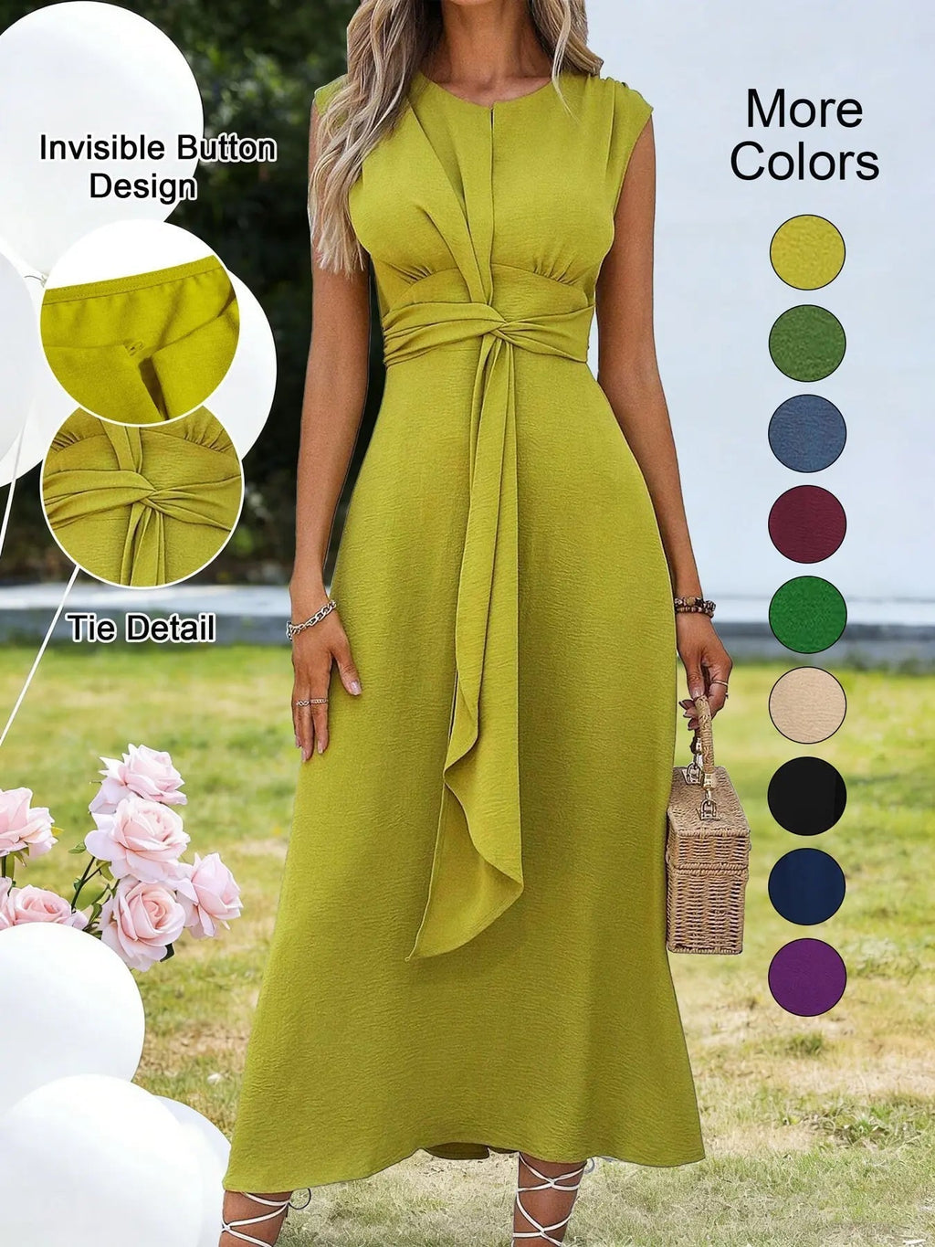 Women's Sleeveless Round Neck Plain Dress, Slimming Front Design, Waist Cinched A-Line, Perfect for Casual Commuting