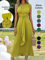 Women's Sleeveless Round Neck Plain Dress, Slimming Front Design, Waist Cinched A-Line, Perfect for Casual Commuting
