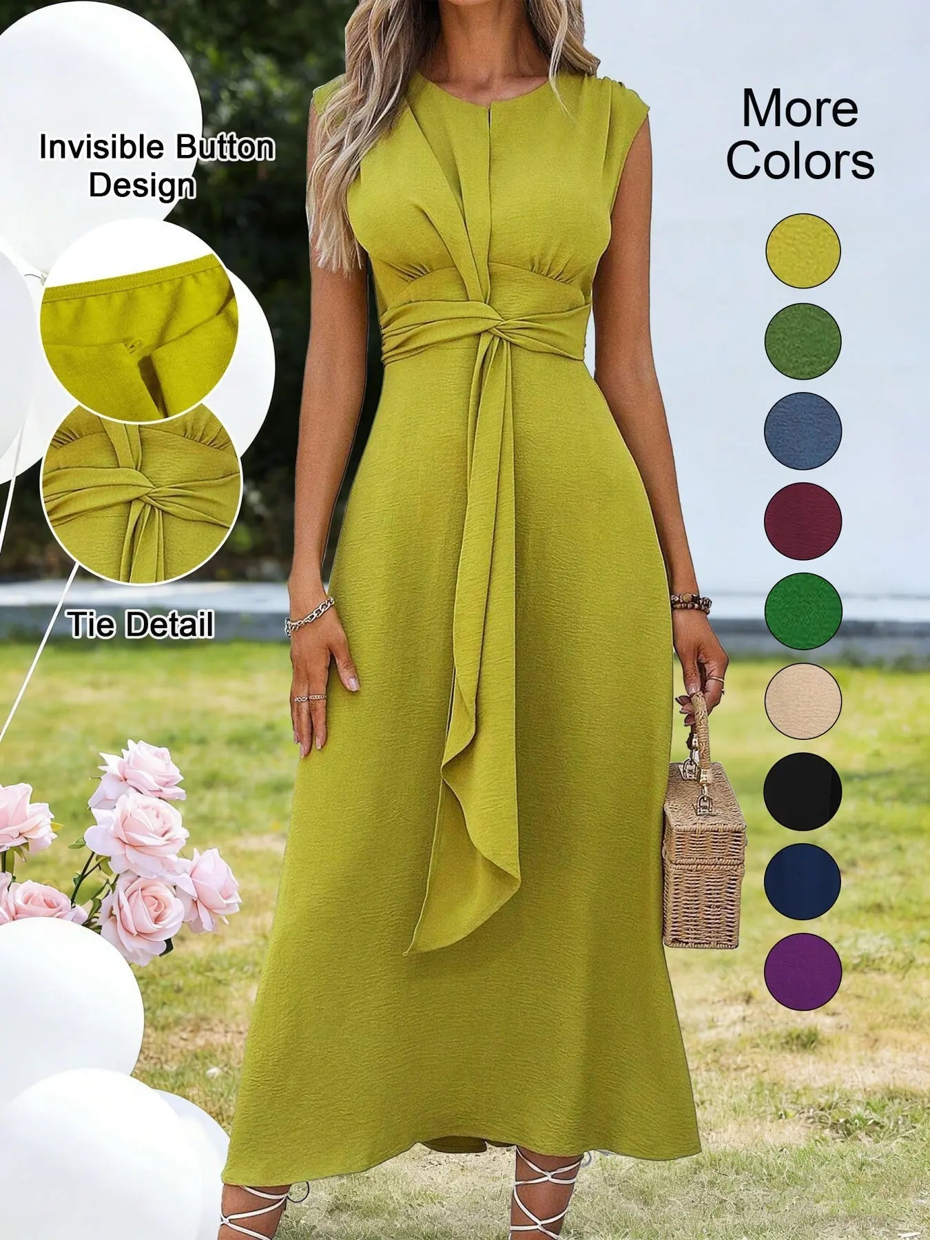 Women's Sleeveless Round Neck Plain Dress, Slimming Front Design, Waist Cinched A-Line, Perfect for Casual Commuting
