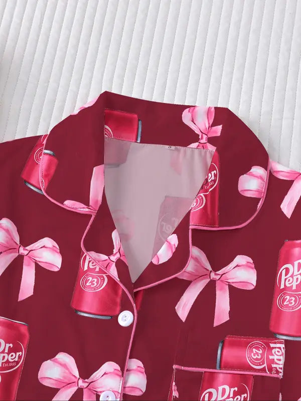 Women's Dr Pepper Pajama Set, Long Sleeve Soda Print Sleepwear, Cozy Soft Fabric Loungewear Gift for Fall and Winter