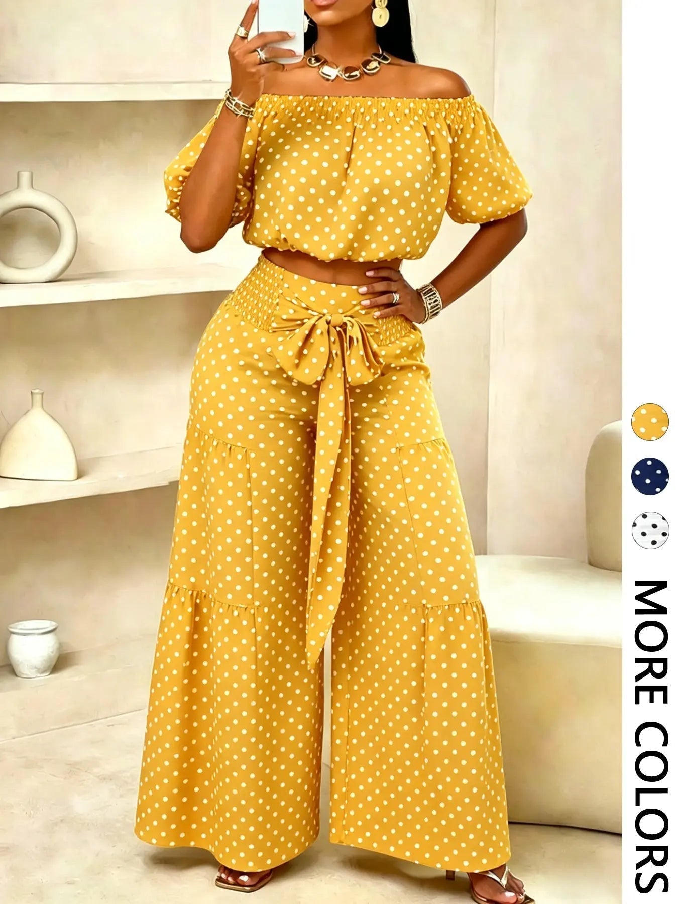 Women's solid-color wide-leg pant set, casual off-shoulder top and palazzo pants for summer, beach vacation wear for women.