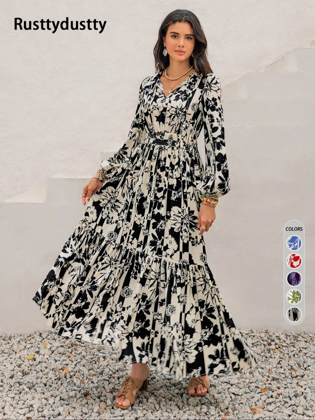 Women's Boho Floral Print Lantern Sleeve Dress, Fitted Waist Tie Design, Loose Fit Comfortable Casual Long Sleeve Dress for Fall Winter